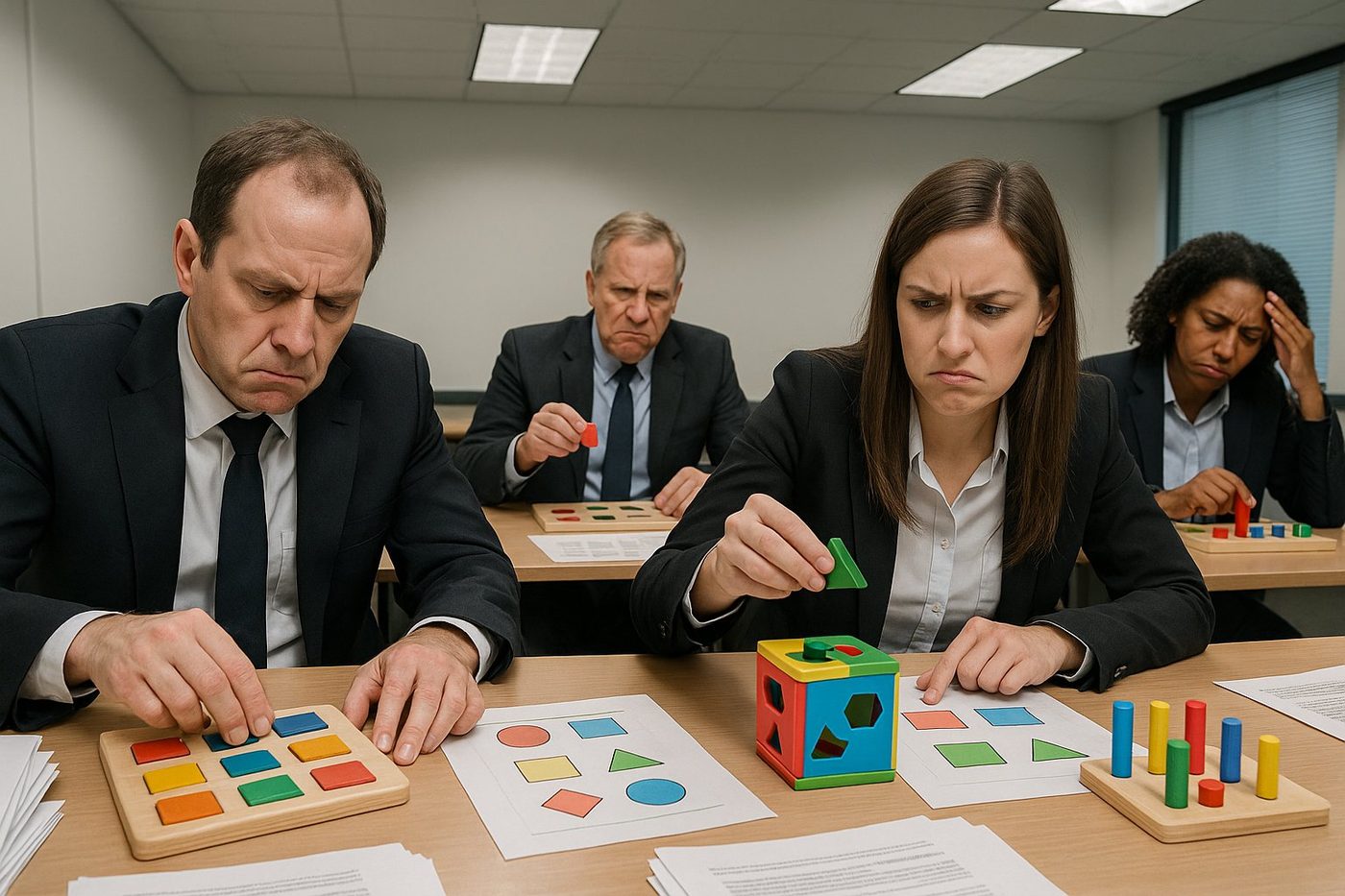 Senior Manager im Assessment Center mit Kinderspielzeug